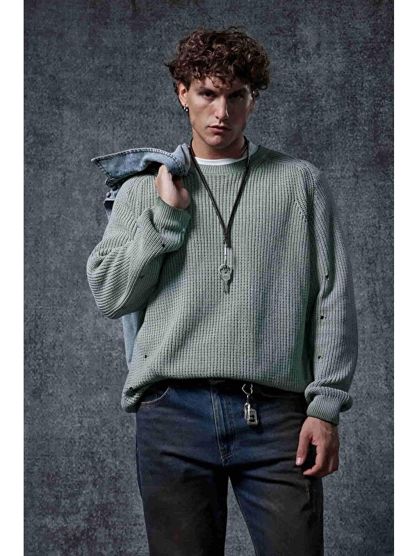 Abluka Online Erkek Oversize Yıkamalı Distressed Triko Kazak Mint