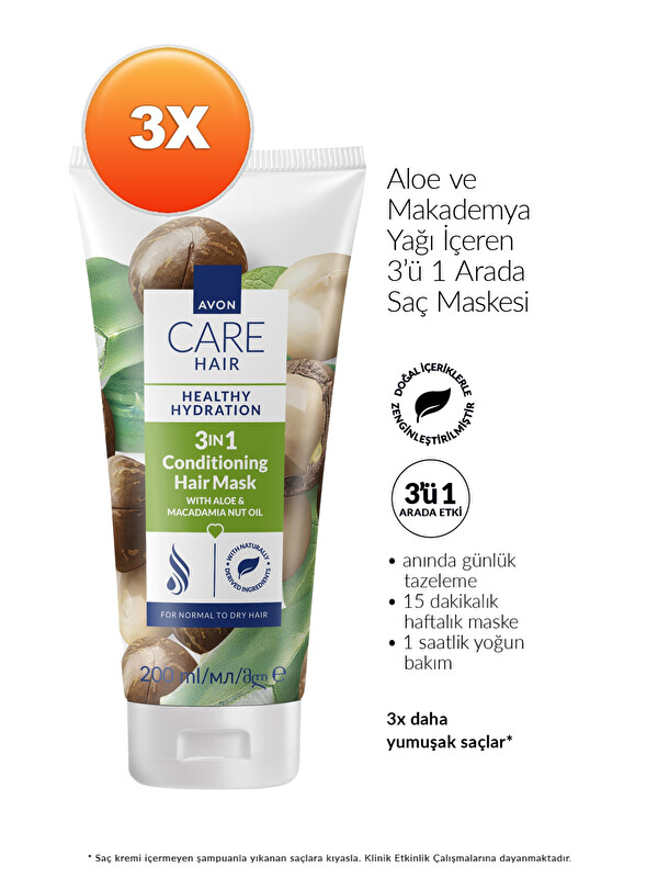 AVON Care Aloe ve Makademya Yağı İçeren 3’ü 1 Arada Saç Maskesi 200ml Üçlü Paket