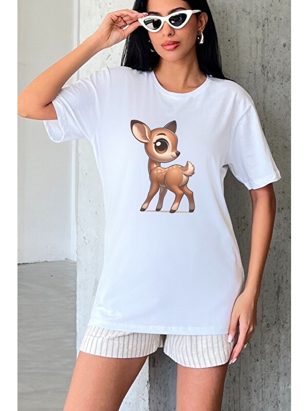 Blah. Yavru Geyik Baskılı Yapay Zeka Tasarımı Ekolojik Penye Oversize %100 Pamuk Kadın Tişört @BlahxAi