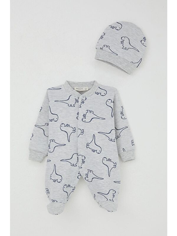 Breeze Erkek Bebek Patikli Tulum Sevimli Dinozor Desenli Açık Gri Melanj (0-6 Ay)