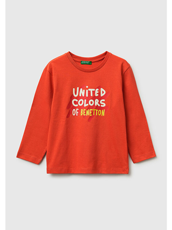 United Colors Of Benetton Erkek Çocuk Kırmızı Önü Logo Baskılı Yuvarlak Yaka Uzun Kollu T-Shirt