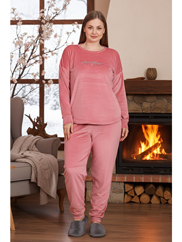 Remsa Büyük Beden Kadın Kadife Pijama Takımı 25396 Pembe