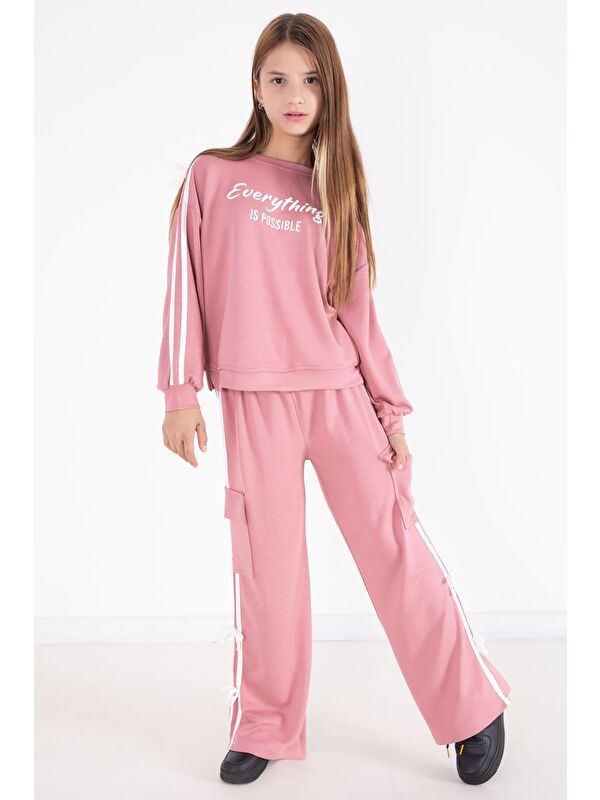 Cansın Mini Pembe Yazı Baskılı Şeritli Kız Çocuk Alt Üst Takım 22771