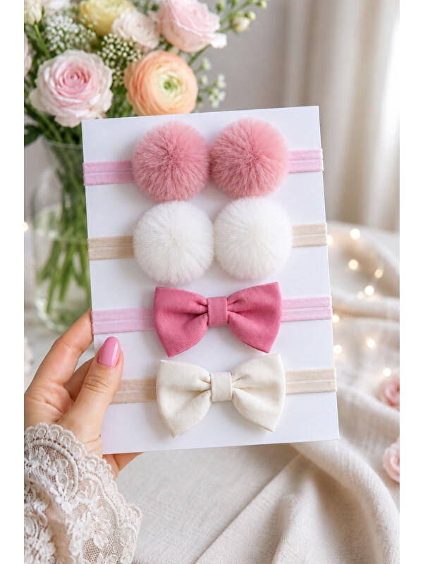 Parla Kids Kız Bebek Pembe Beyaz Ponpon Ve Fiyonk Detaylı 4’lü Saç Bandı Seti