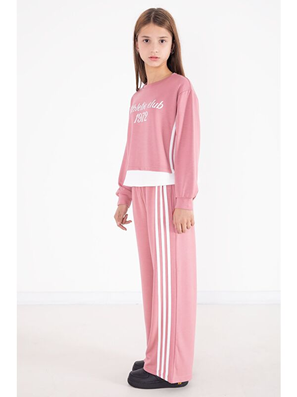 Cansın Mini Pembe Şerit Detaylı Yazılı Geniş Paça Kız Çocuk Takım 22773