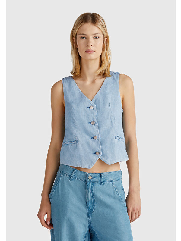United Colors Of Benetton Kadın Açık Mavi %100 Pamuk Şamre Denim Yelek