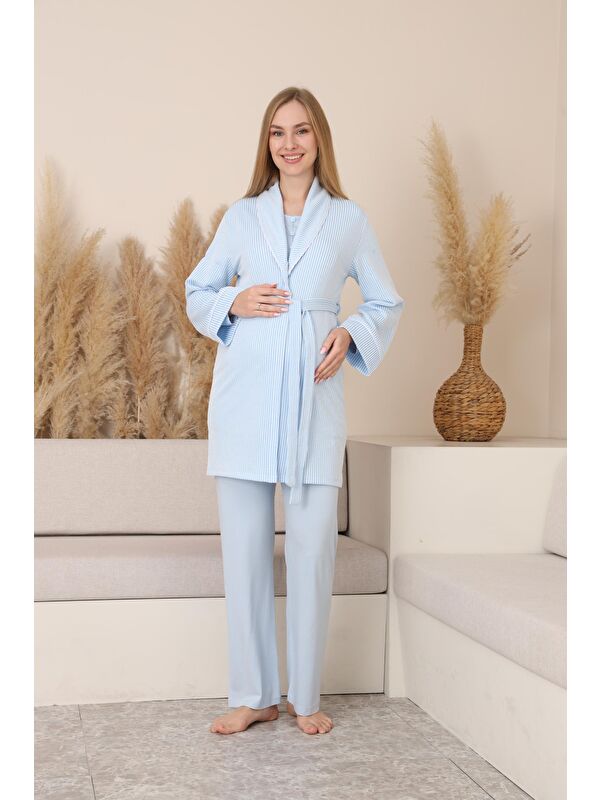 MİSS DÜNYA LİSSA Bebe Mavisi Çizgili Sabahlıklı Emzirmeye Uygun Hamile ve Lohusa Pijama Takımı