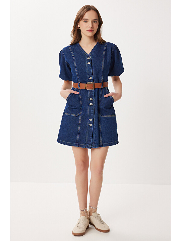 Happiness İstanbul Balon Kollu Kemerli Denim Elbise KOYU MAVİ LAN0087