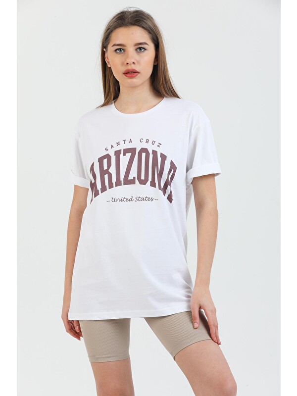 Blah. Arizona Baskılı Pamuklu Bisiklet Yaka Oversize Kadın Tişört.