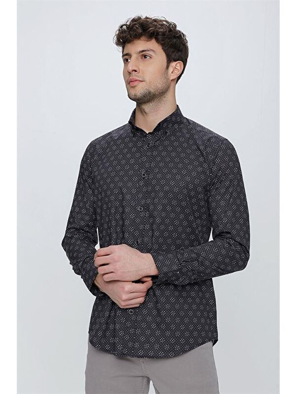 İMZA Siyah Uzun Kol Klasik Slim Fit Pamuklu Elastanlı Gömlek 1004225244