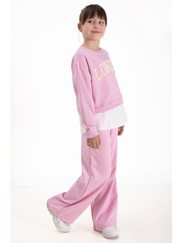Cansın Mini Toz Pembe London Yazılı Nakışlı Kız Çocuk Geniş Paça Eşofman Takımı 22726