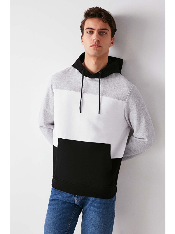 GRIMELANGE CLYDE Erkek Bloklu Kapüşonlu Kordonlu İçi Polarlı SİYAH Sweatshirt