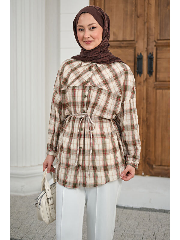 Locco Moda Kadın Ekose Desen Bel Bağlamalı Gömlek Haki Yeşil