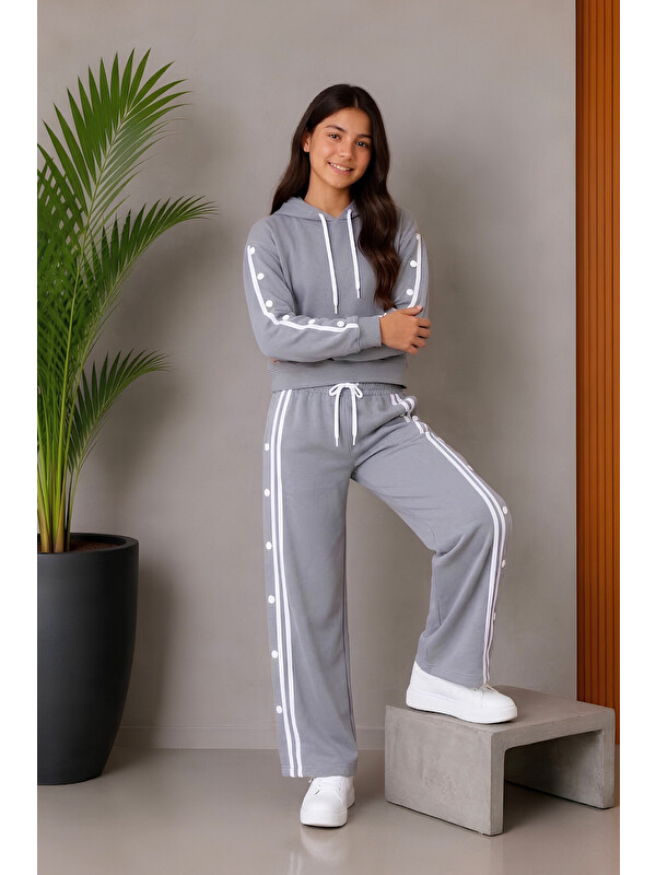 Modanino Kız Çocuk Çıtçıtlı+Kapüşonlu+Double Face Kumaş Alt-Üst Takım 5-15 Yaş 12765SK
