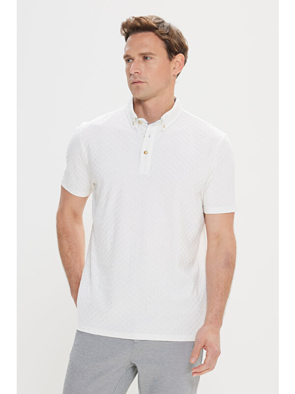 AC&Co / Altınyıldız Classics Erkek Beyaz Regular Fit %100 Pamuk Jakarlı Polo Yaka Tişört