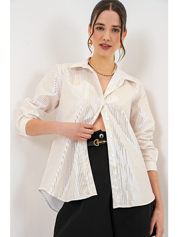 Bigdart Kadın Varak Desenli Gömlek 20253 - Altın
