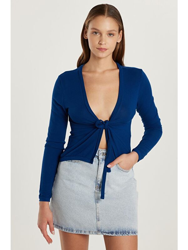 TUDORS Kadın Slim Fit Dar Kesim Bağlamalı Uzun Kollu V Yaka Lacivert Hırka