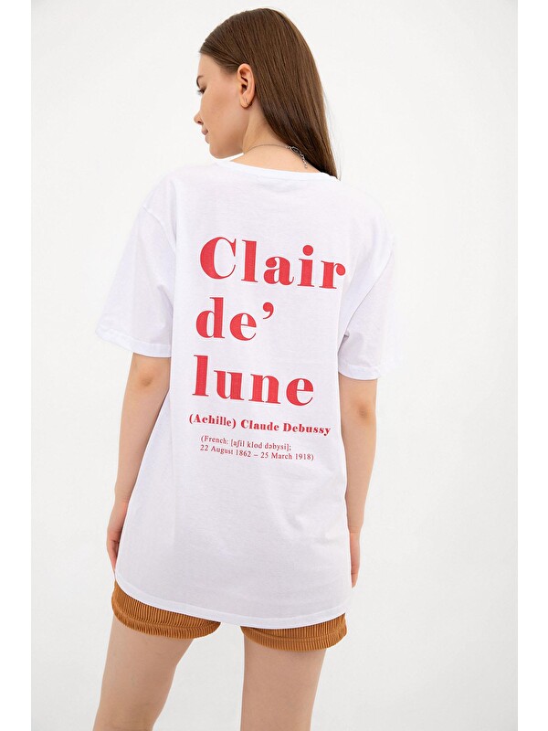 Domoda Sırtı Clair de Lune Grafik Baskılı Oversize %100 Pamuk Kadın Tişört