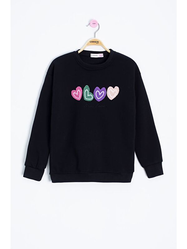 Cansın Mini Siyah Kalp Nakışlı Bisiklet Yaka Kız Çocuk Şardonlu Sweatshirt 23250