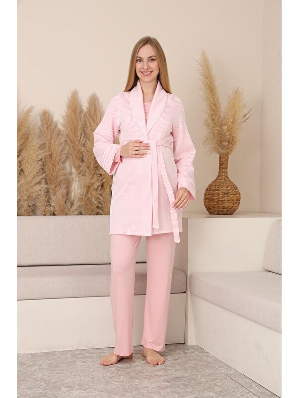 MİSS DÜNYA LİSSA Pembe Çizgili Sabahlıklı Emzirmeye Uygun Hamile ve Lohusa Pijama Takımı