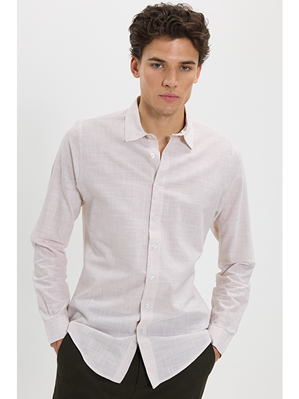 TUDORS Erkek Slim Fit Dar Kesim %100 Pamuk Uzun Kollu Keten Efektli Bej Gömlek