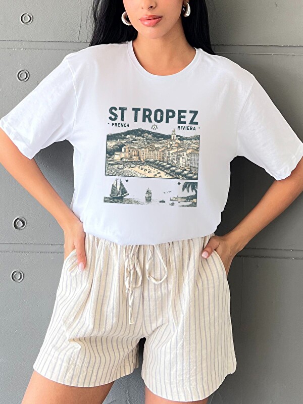Blah. St Tropez Baskılı Yapay Zeka Tasarımı Penye Oversize %100 Pamuk Kadın Tişört @BlahxAi