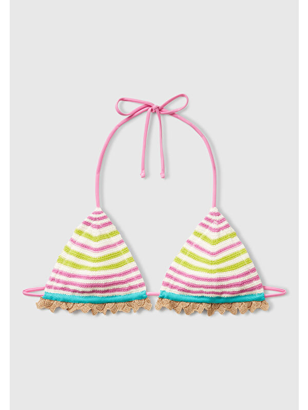 United Colors Of Benetton Kadın Pembe Mix Çizgili Çok Renkli Triko Üçgen Bikini Üstü