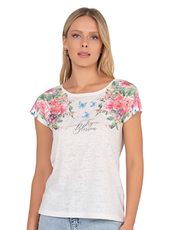 Kompedan Kadın Floral Desenli Yazı Detaylı Bluz | Ekru 25792