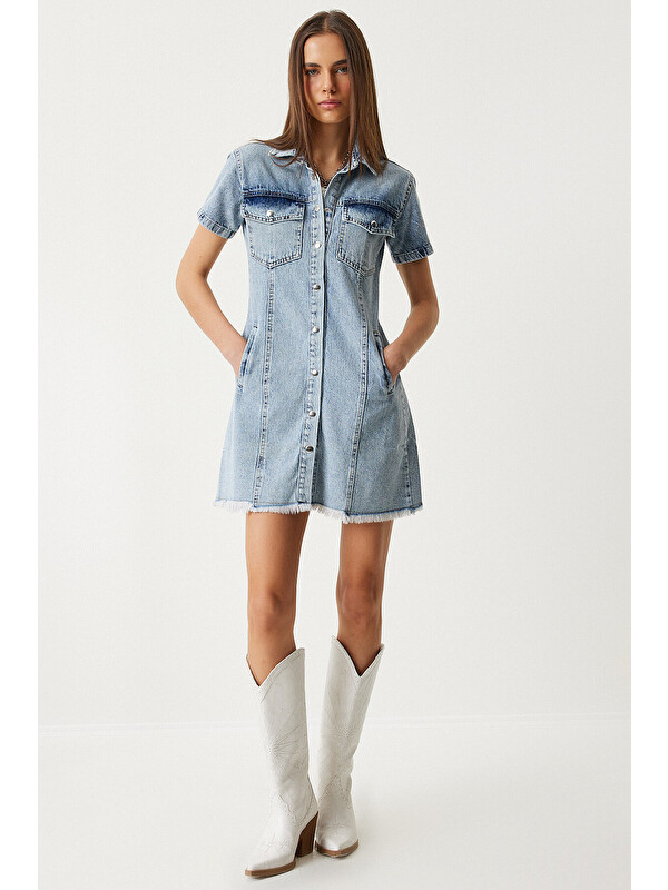 Happiness İstanbul Püskül Detaylı Cepli Mini Denim Elbise ORTA MAVİ LAN0001