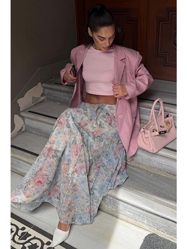 Madmext Ekru Çiçek Desenli Vintage Şifon Maxi Etek Mg2776