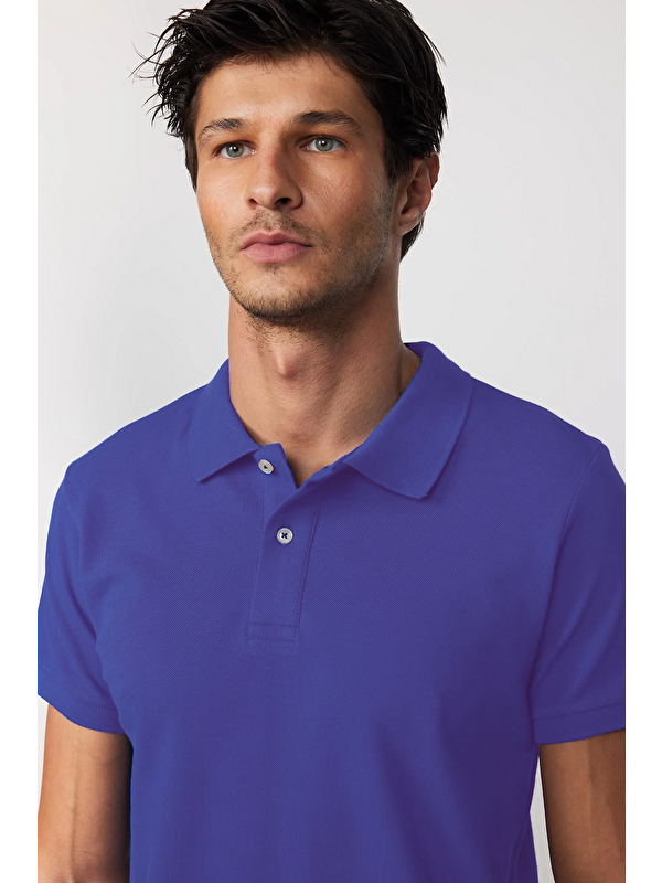 TUDORS Erkek Slim Fit Dar Kesim %100 Pamuk Koyu Mavi Polo Yaka Tişört