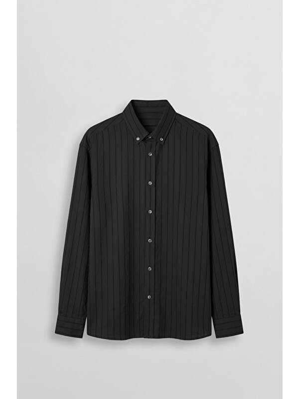 Abluka Online Erkek Oversize Tekstürlü Çizgili Uzun Kollu Gömlek Siyah