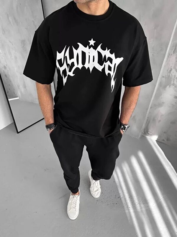 Jane's Unisex Bisiklet Yaka Baskılı Oversize T-Shirt - Siyah