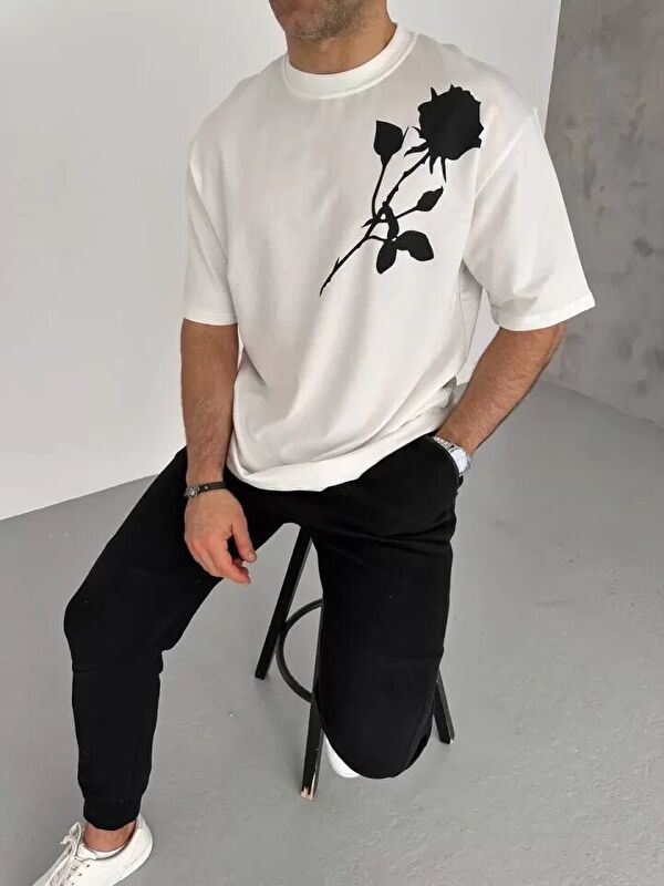 Jane's Unisex Bisiklet Yaka Baskılı Oversize T-Shirt - Beyaz