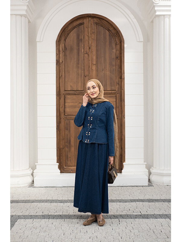 Locco Moda Kadın Çıtçıtlı Bisiklet Yaka Etekli Jean Takım Lacivert