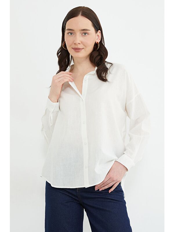 Fullamoda Basic Keten Görünümlü Oversize Gömlek
