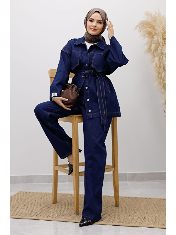 Tesettür Dünyası Kemerli Denim Takım TSD250231 Koyu Mavi
