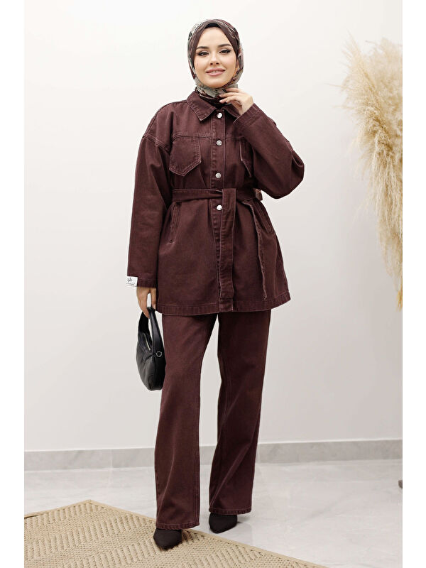 Tesettür Dünyası Kemerli Denim Takım TSD250231 Bordo