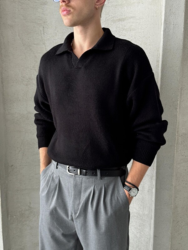 HYMAN Erkek Polo Yaka Örme Oversize Kazak