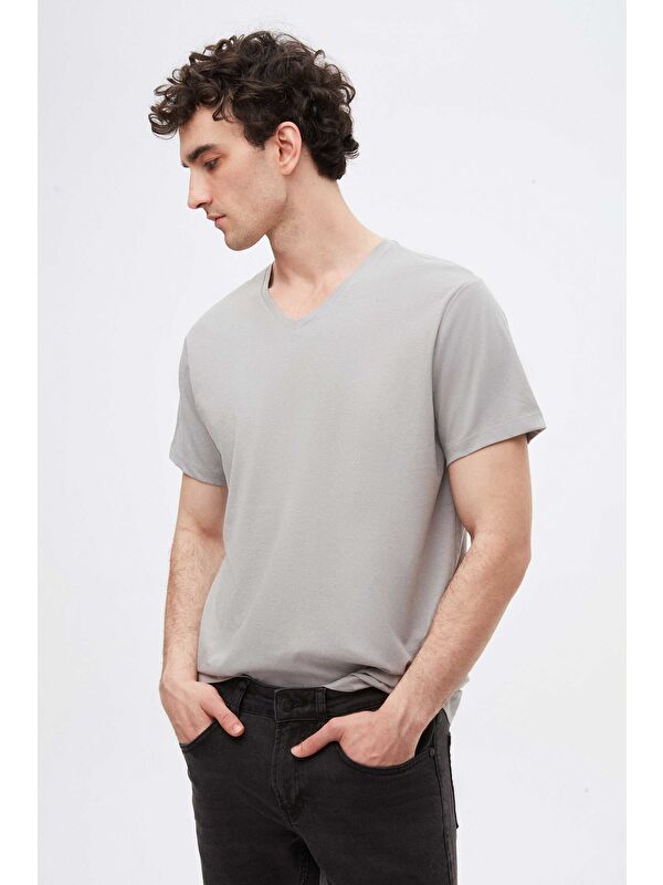D'S damat Slim Fit Gri V Yaka %100 Pamuk Tişört