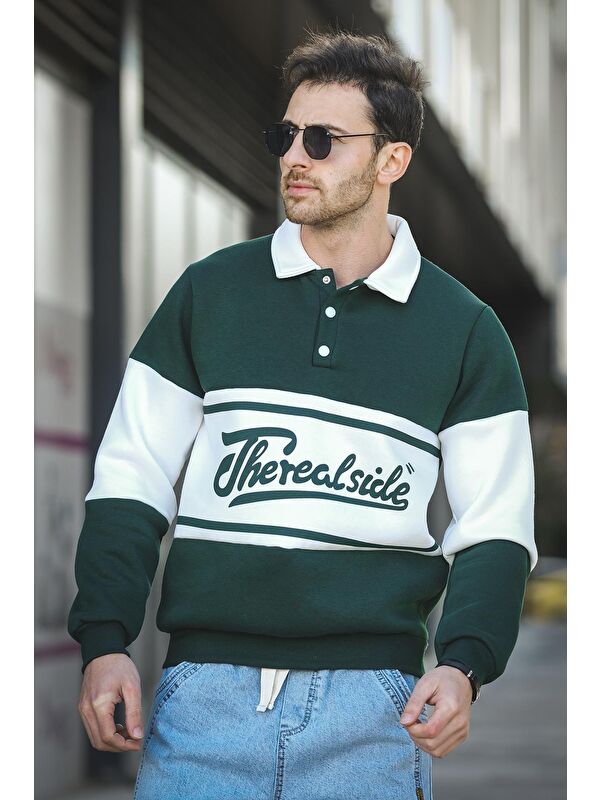 Oksit Real Side Baskılı Üç İplik Şardonlu Slim Fit Polo Yaka Erkek Sweatshirt