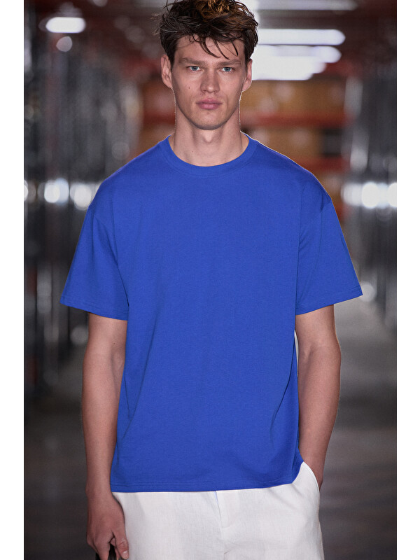 GRIMELANGE Solo Erkek %100 Organik Pamuklu Kalın Dokulu Comfort Fit Bisiklet Yakalı KOYU MAVİ T-Shirt