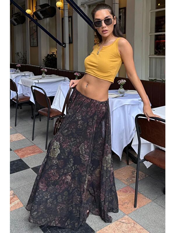 Madmext Siyah Çiçek Desenli Vintage Şifon Maxi Etek Mg2776