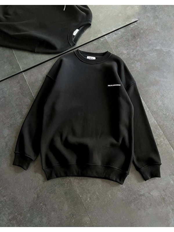 Jane's Kışlık Bisiklet Yaka Oversize Baskılı SweatShirt - Siyah