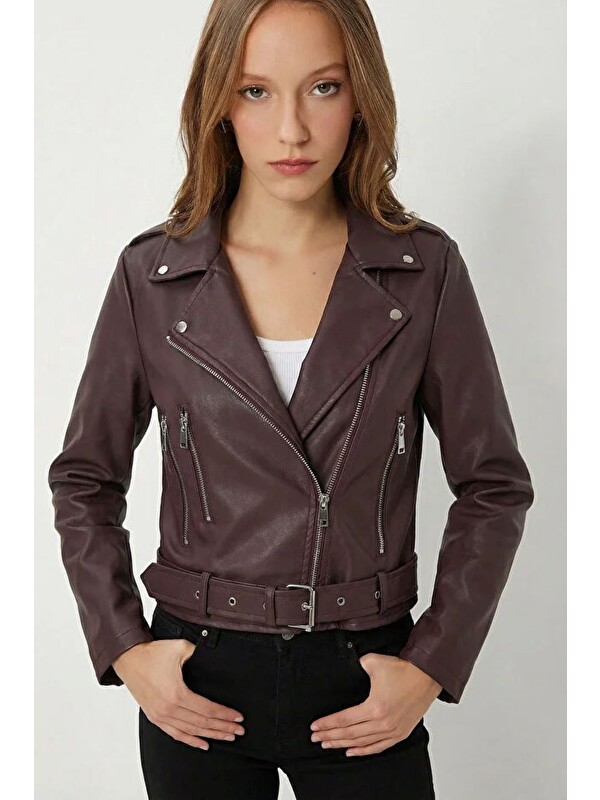 ginger love Kemerli Suni Deri Biker Ceket Mürdüm