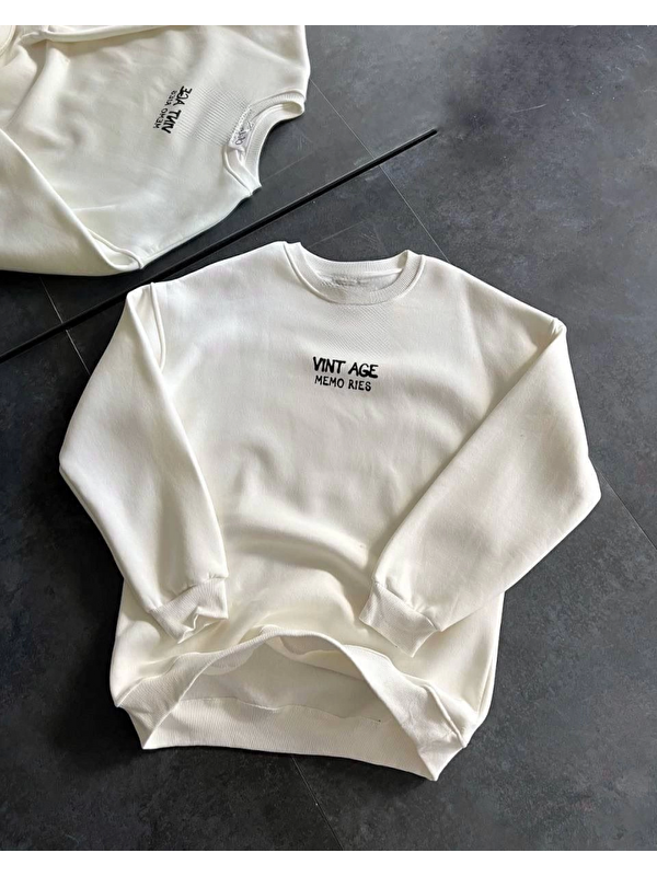 Jane's Bisiklet Yaka Üç İplik Baskılı Oversize SweatShirt - Beyaz
