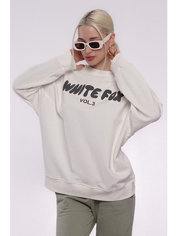 Madmext Ekru Bisiklet Yaka Baskılı Sweatshirt Mg1904