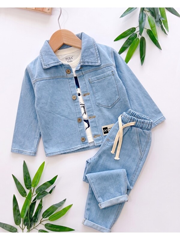 Ege Bebek Erkek Çocuk 1-2-3-4-5 Yaş 3'lü Jean Takım, Jean Ceket, T-shirt ve Pantolonlu 3'lü Takım