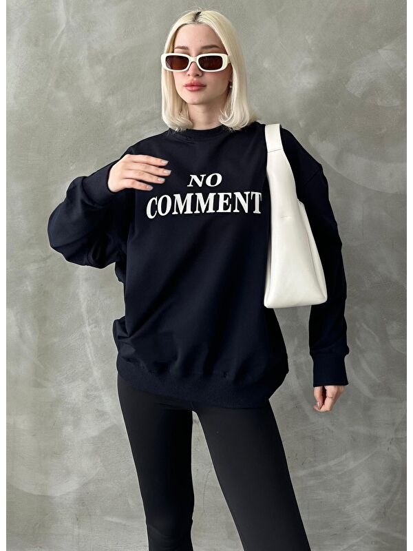 Madmext Lacivert Bisiklet Yaka Baskılı Oversize Kadın Sweatshirt Mg1902