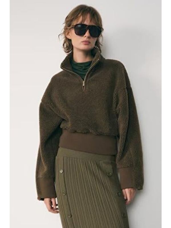 Madmext Haki Fermuar Yaka Kürklü Kadın Sweatshirt Mg2261